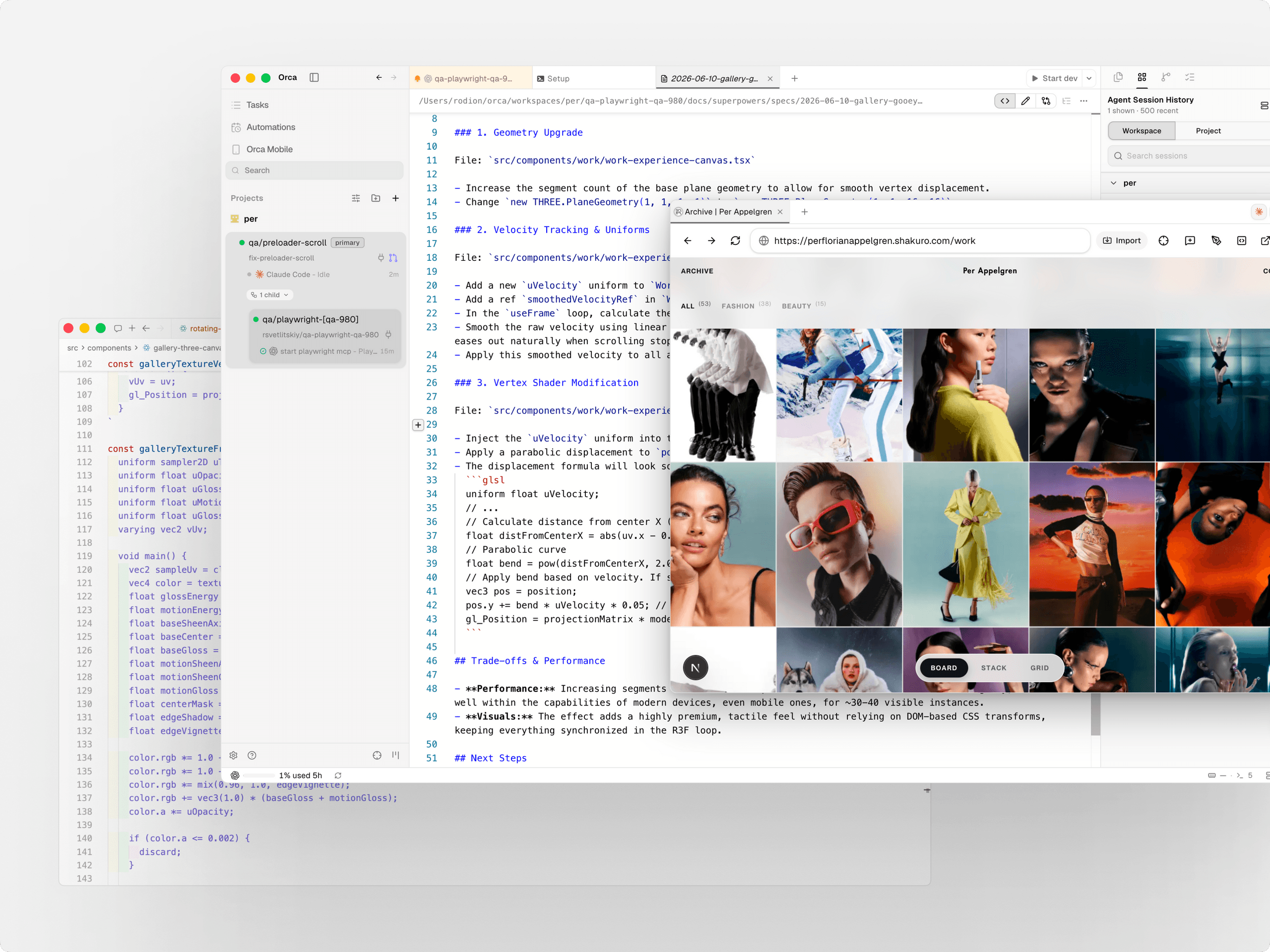 Orca interface with a project sidebar, a markdown spec in the editor, and a built-in browser previewing a gallery site.