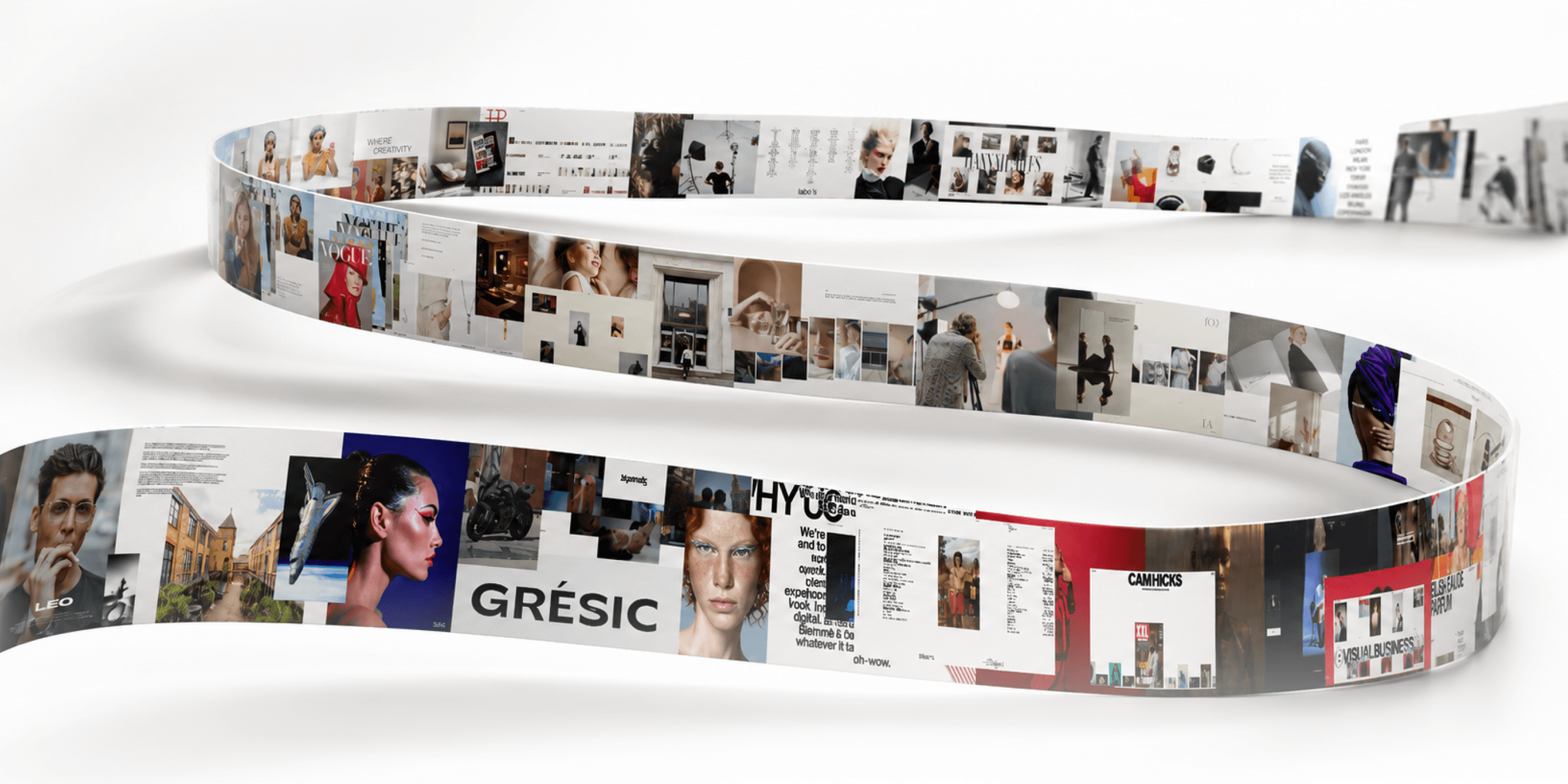 A long curving ribbon covered with a collage of fashion editorials, magazine covers and website references, used as a visual moodboard.