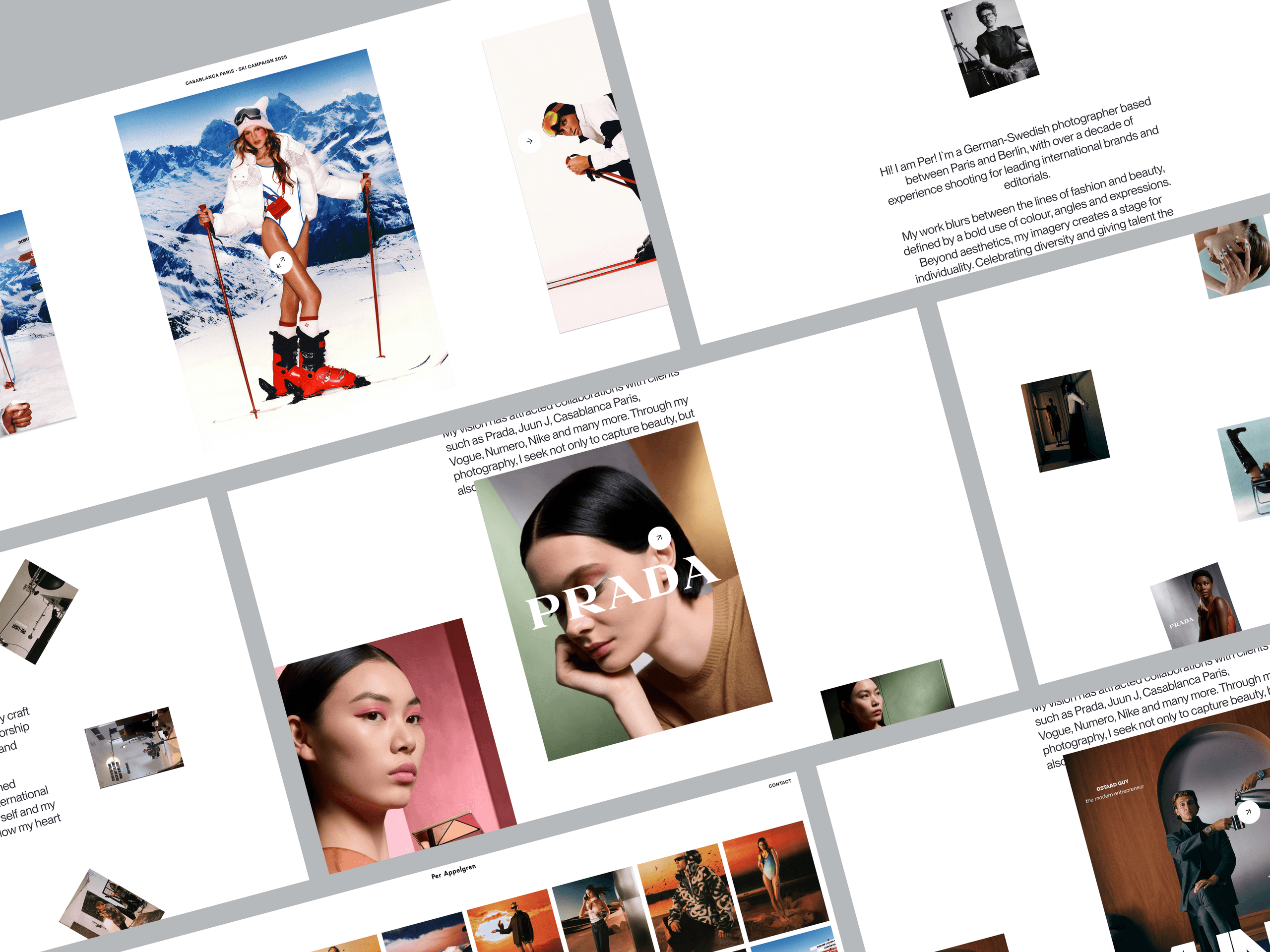 Tilted collage of website screens featuring the Casablanca Paris ski campaign, the Prada beauty campaign, the About bio and archive image grids.