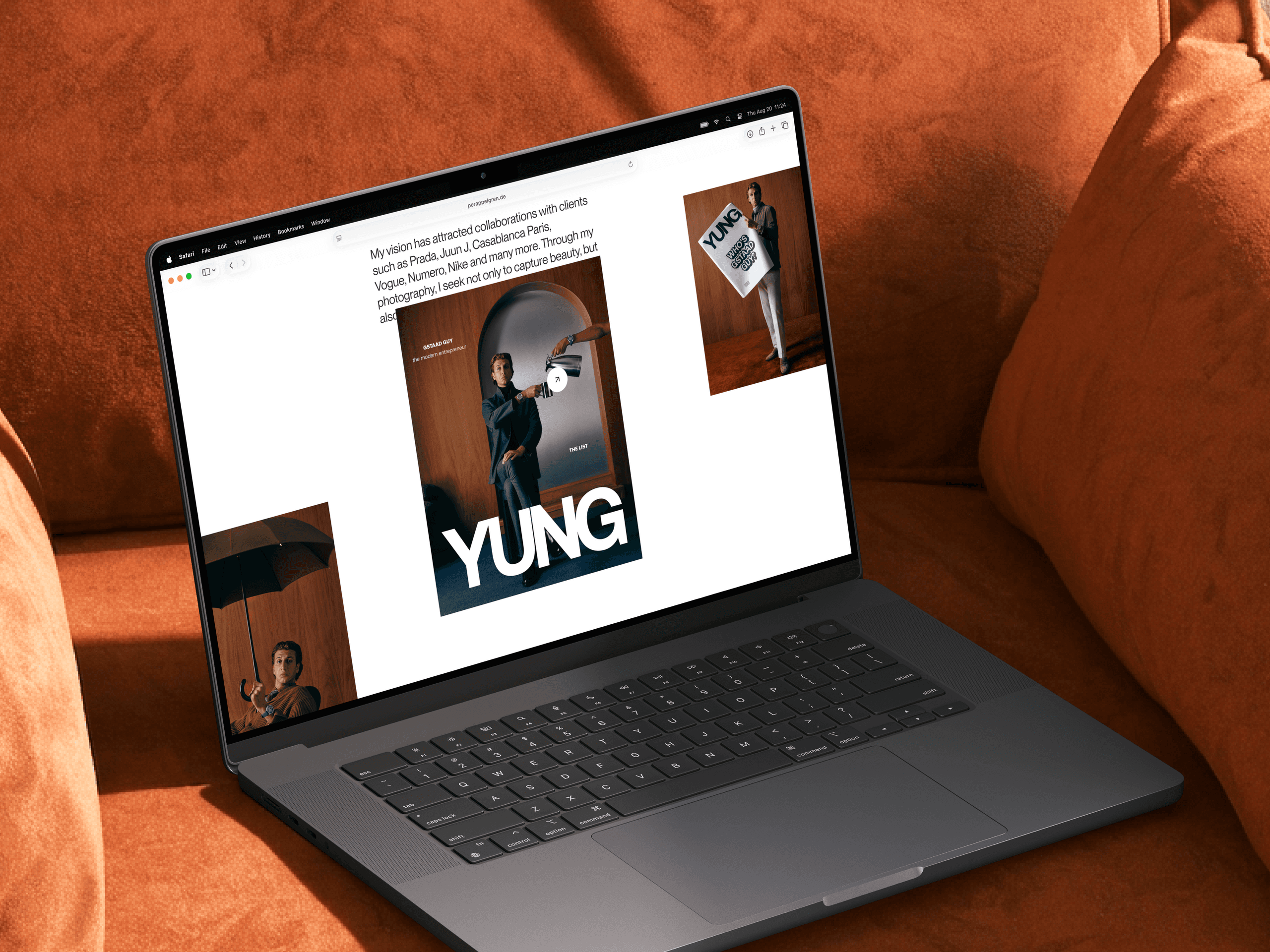 Laptop on an orange sofa showing the clients section of the About page, with a YUNG magazine cover from the Gstaad Guy editorial in focus.