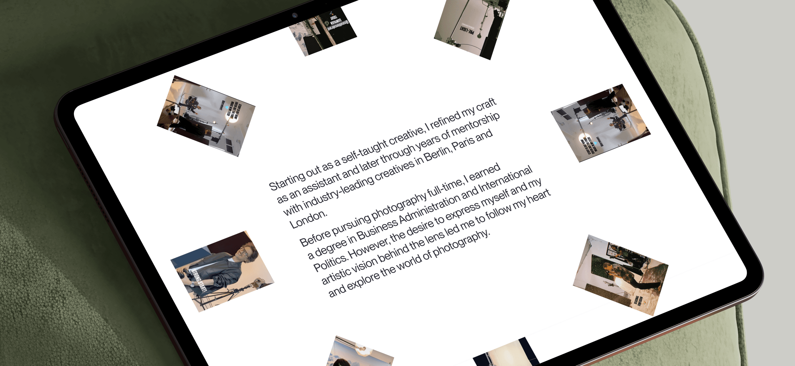 Tablet showing the About page: a short photographer bio surrounded by behind-the-scenes shots from studio shoots.