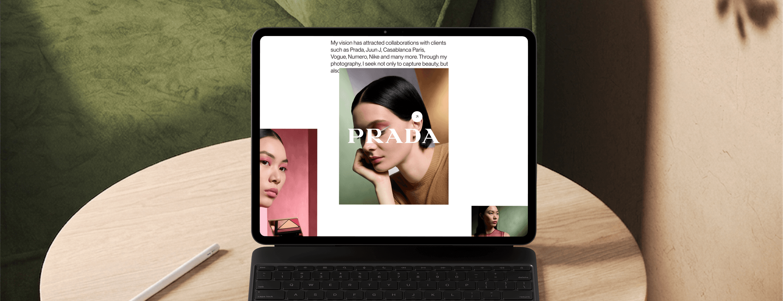 Tablet showing a section of the About page listing client collaborations, with a Prada beauty campaign image in focus.