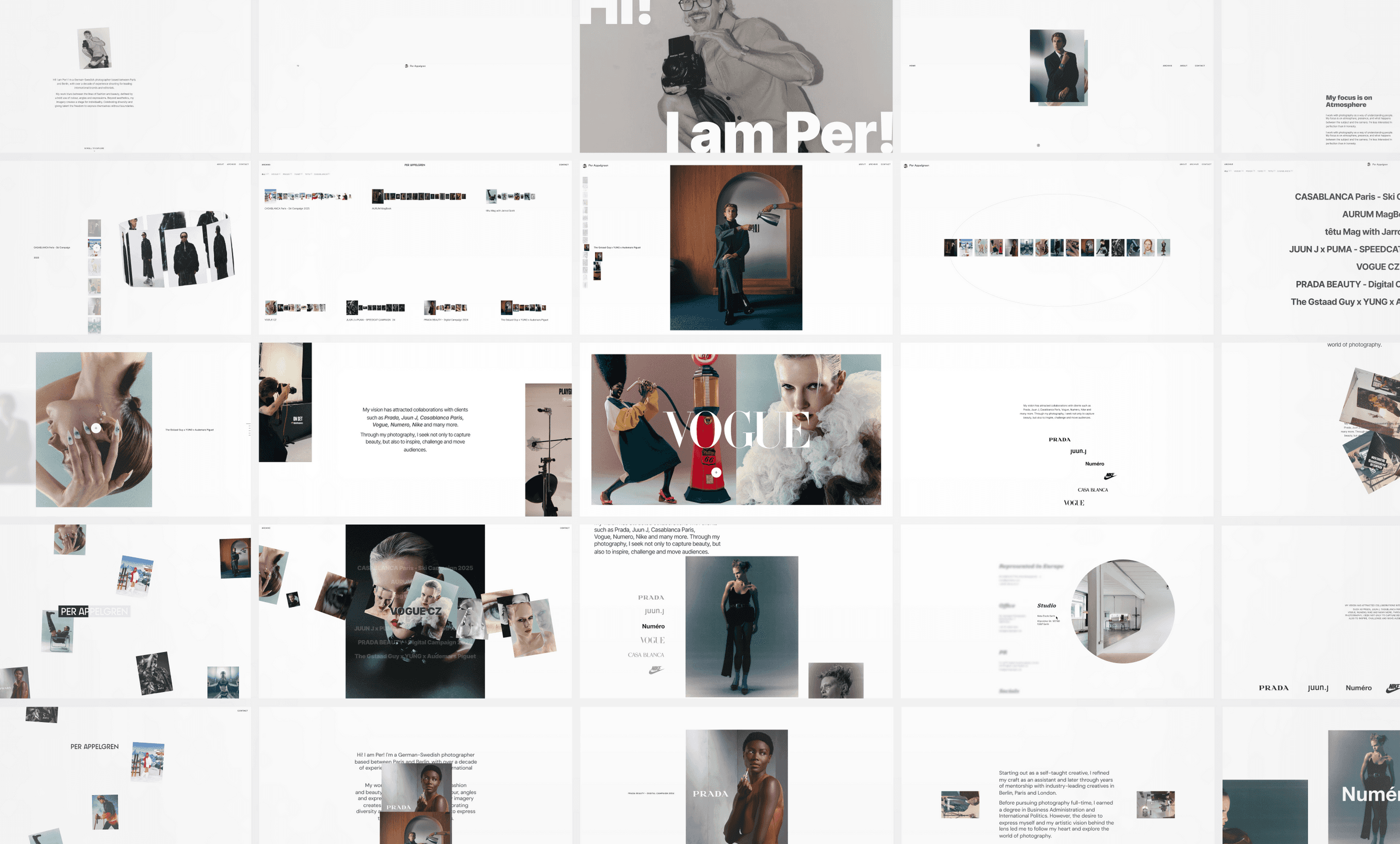 Grid of desktop screens from the Per Appelgren website, showing the intro, archive views, project pages, client logos and About section.
