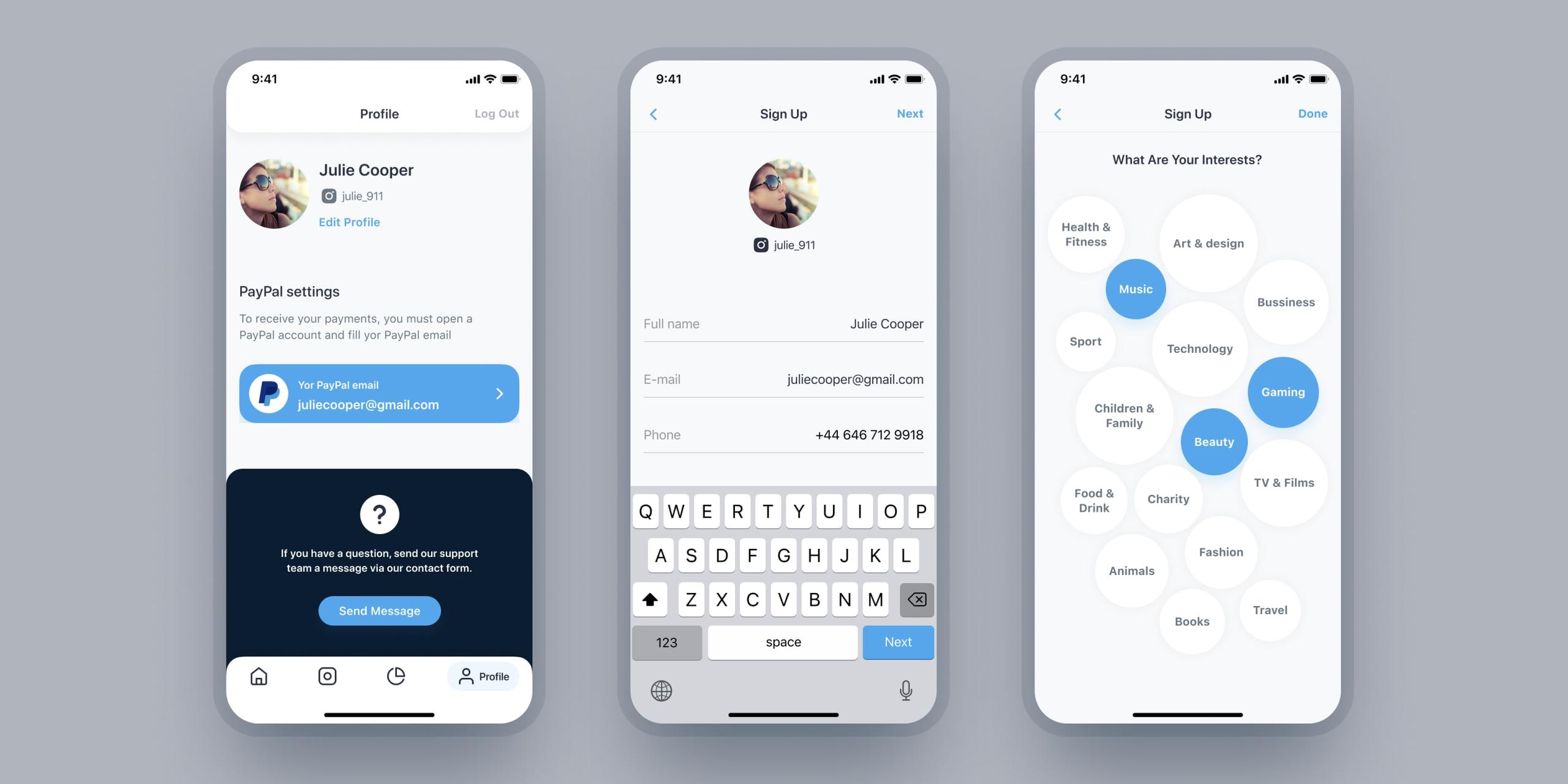 WYSPR iOS app: profile, sign up and interests screens