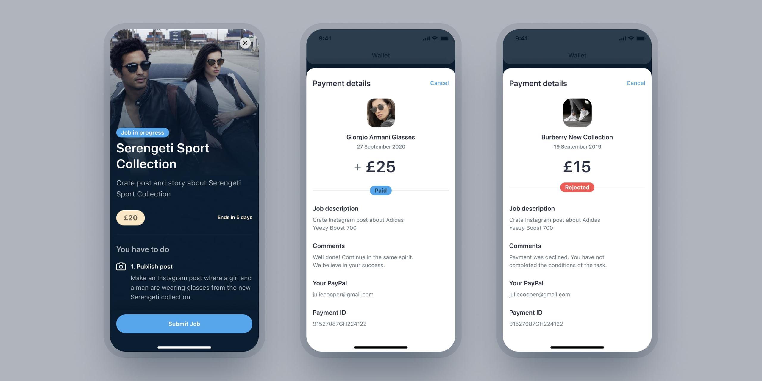 WYSPR iOS app: job details and payment details screens