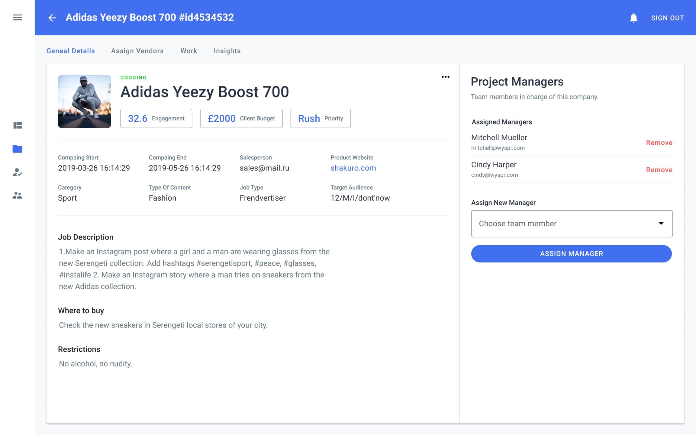 WYSPR project management platform: campaign details page