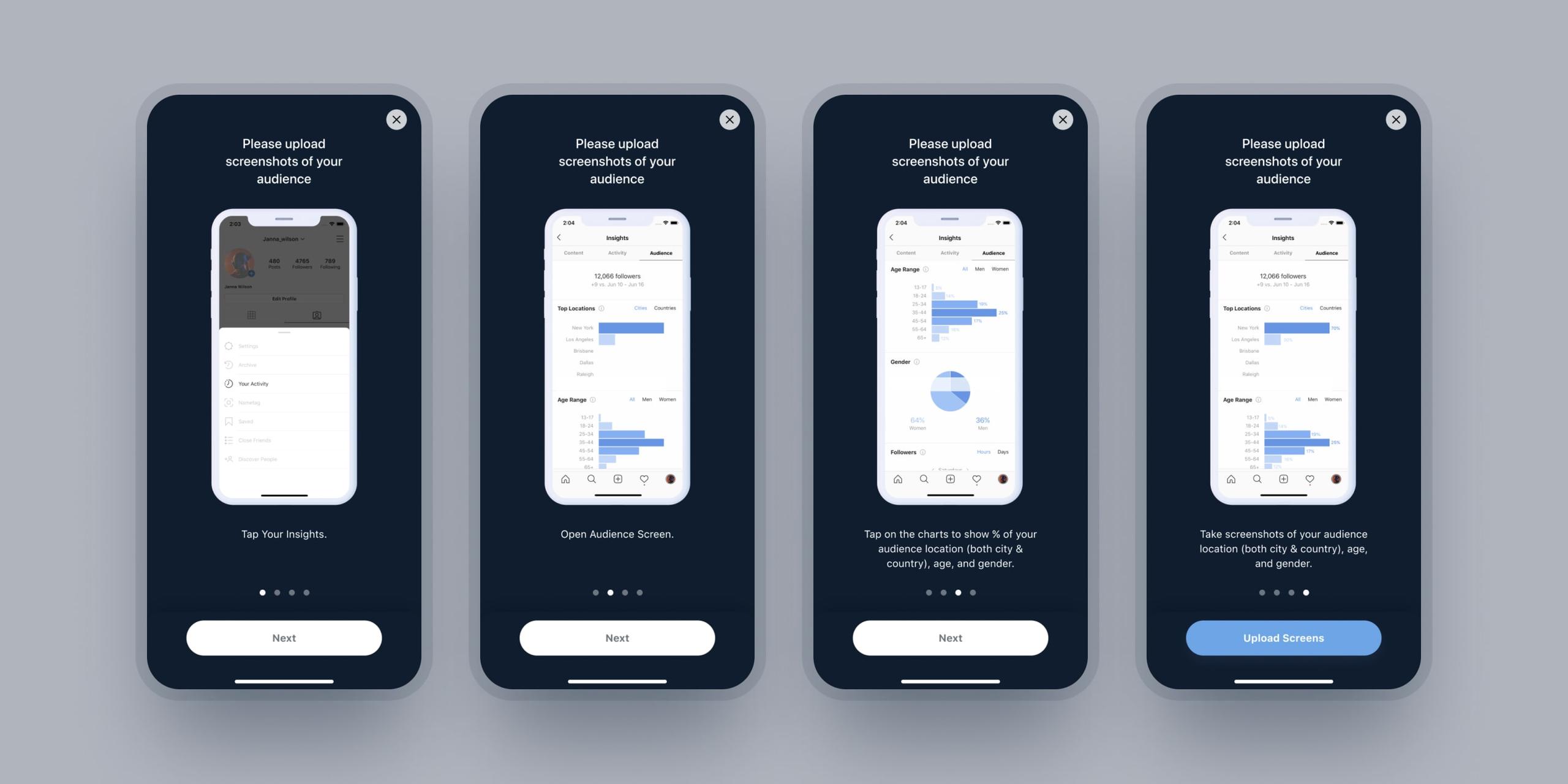 WYSPR iOS app onboarding: uploading audience insights screenshots